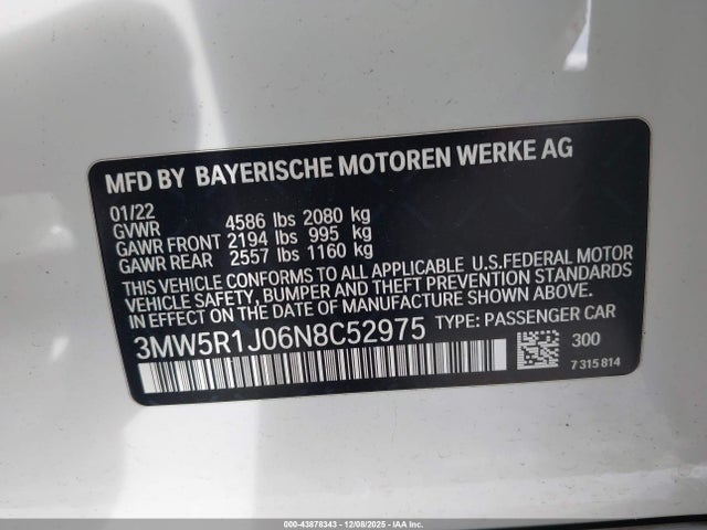 Продажа на аукционе авто 2022 Bmw 330i, vin: 3MW5R1J06N8C52975, номер лота: 43878343