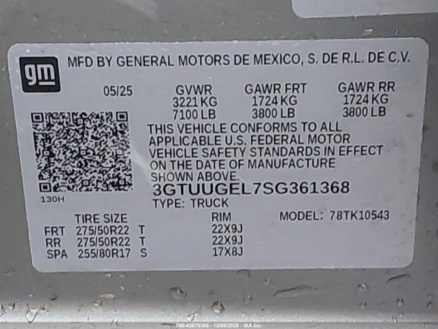 43878365 :رقم المزاد ، 3GTUUGEL7SG361368 vin ، 2025 Gmc Sierra 1500 مزاد بيع