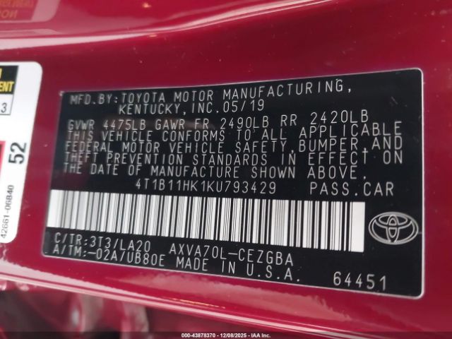 2019 TOYOTA CAMRY 4T1B11HK1KU793429 Photo 8
