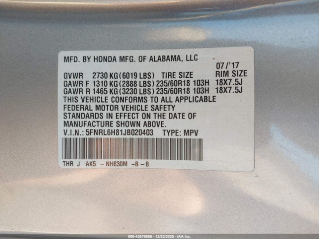2018 HONDA ODYSSEY 5FNRL6H81JB020403 Photo 8