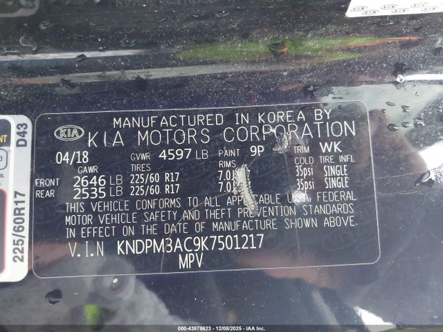 Aukcja sprzedaży 2019 Kia Sportage Lx, vin: KNDPM3AC9K7501217, numer aukcji: 43878623