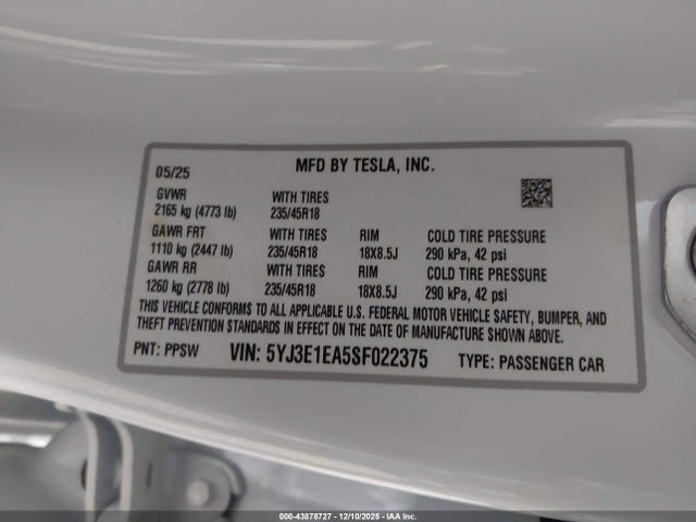 2025 TESLA MODEL 3 5YJ3E1EA5SF022375 Photo 8