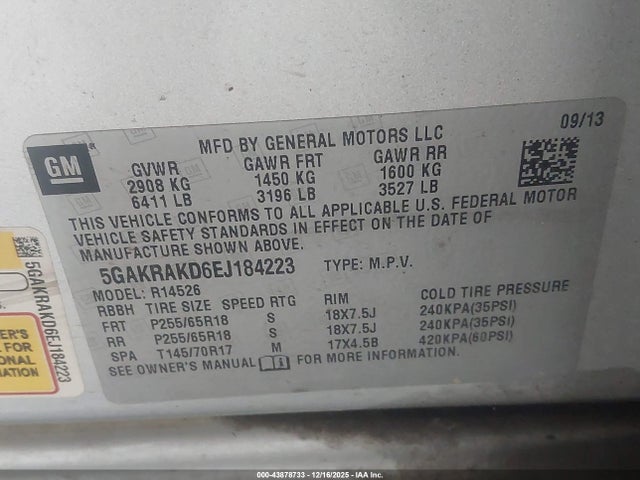 43878733 :رقم المزاد ، 5GAKRAKD6EJ184223 vin ، 2014 Buick Enclave Convenience مزاد بيع