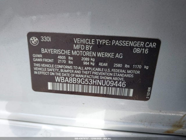 2017 Bmw 330i მანქანა იყიდება აუქციონზე, vin: WBA8B9G53HNU09446, აუქციონის ნომერი: 43878757