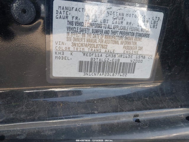 43878830 :رقم المزاد ، 3N1CN7AP2DL877622 vin ، 2013 Nissan Versa 1.6 Sl مزاد بيع