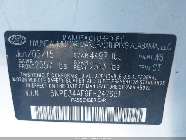 Hyundai Sonata Limited 2015 5NPE34AF9FH247651 Image 9