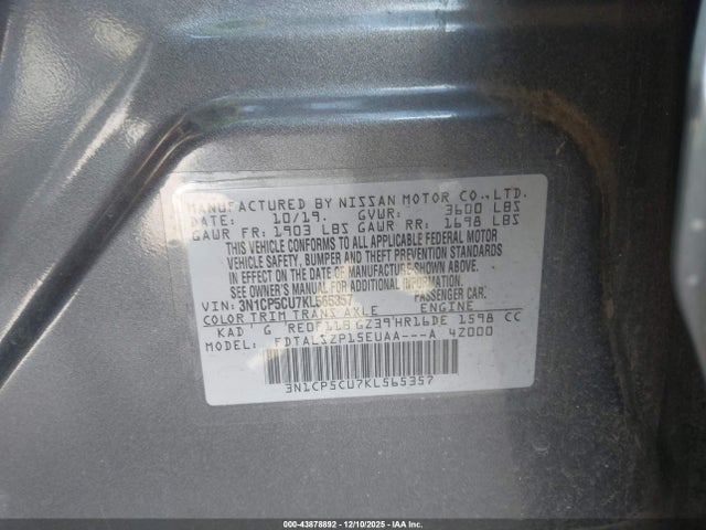 Продажа на аукционе авто 2019 Nissan Kicks Sv, vin: 3N1CP5CU7KL565357, номер лота: 43878892