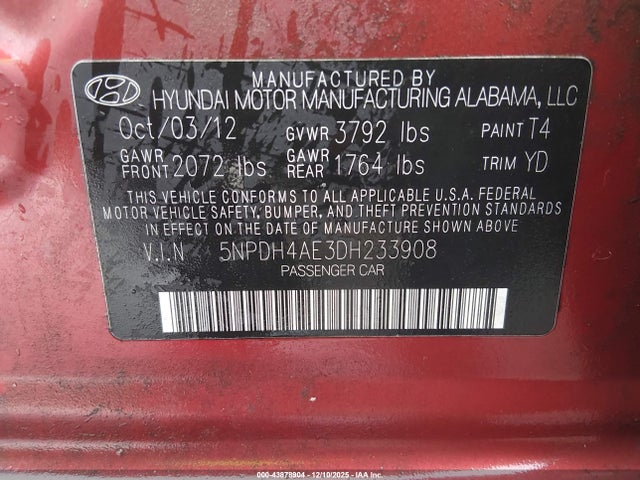43878904 :رقم المزاد ، 5NPDH4AE3DH233908 vin ، 2013 Hyundai Elantra Gls مزاد بيع