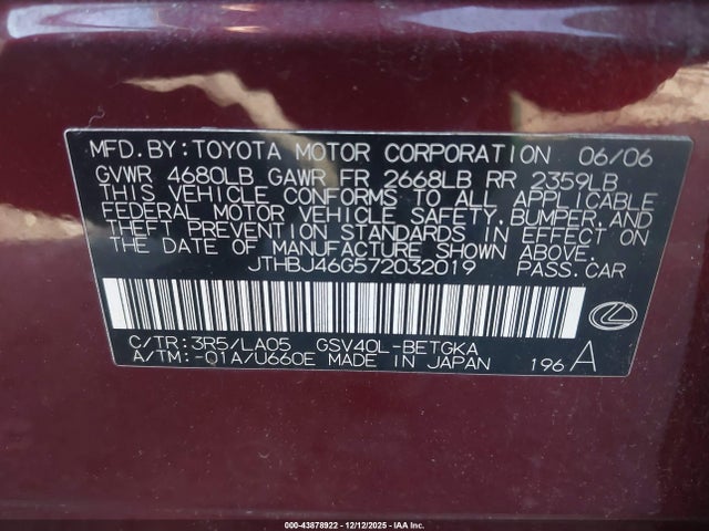 Aukcja sprzedaży 2007 Lexus Es 350, vin: JTHBJ46G572032019, numer aukcji: 43878922