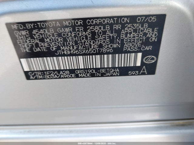 43878944 :رقم المزاد ، JTHBH96SX65017896 vin ، 2006 Lexus Gs 300 مزاد بيع