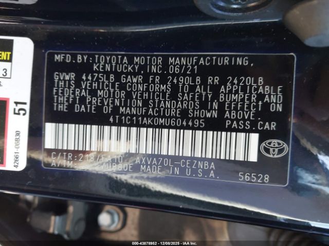 2021 TOYOTA CAMRY 4T1C11AK0MU604495 Photo 8
