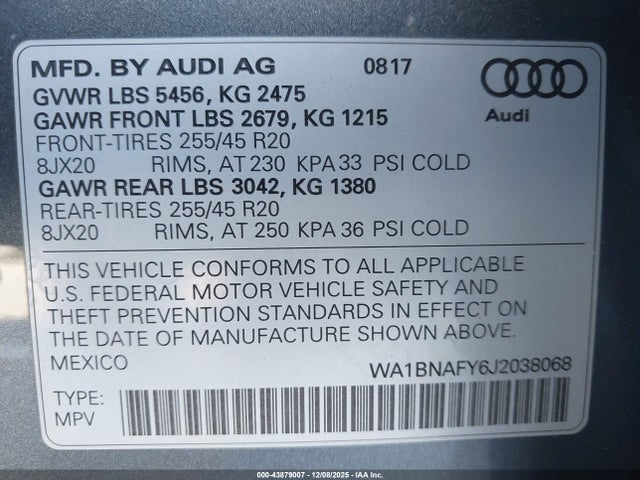 WA1BNAFY6J2038068 Audi Q5 2.0t Premium/2.0t Tech Premium