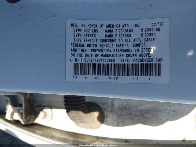Продажа на аукционе авто 2017 Honda Accord Sport Se, vin: 1HGCR2F19HA162988, номер лота: 43879017