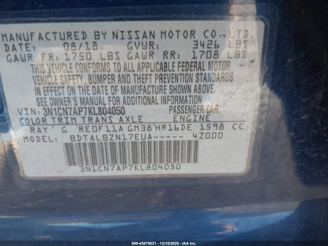 3N1CN7AP7KL804050 Nissan Versa 1.6 Sv