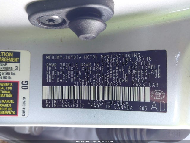 Aukcja sprzedaży 2019 Toyota Corolla Le, vin: 2T1BURHEXKC160297, numer aukcji: 43879151