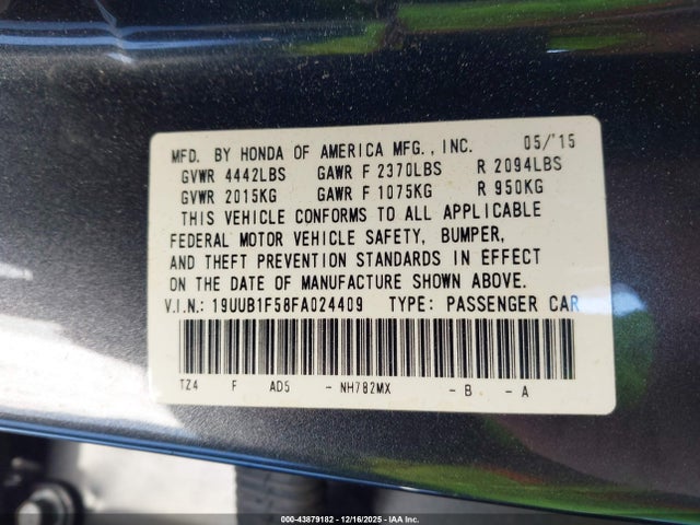 43879182 :رقم المزاد ، 19UUB1F58FA024409 vin ، 2015 Acura Tlx Tech مزاد بيع