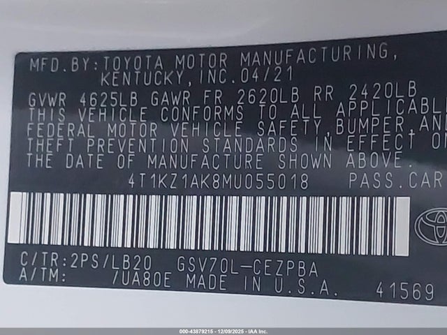 4T1KZ1AK8MU055018 Toyota Camry Xse V6