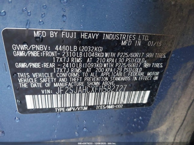 43879233 :رقم المزاد ، JF2SJAHCXFH582727 vin ، 2015 Subaru Forester 2.5i Limited مزاد بيع