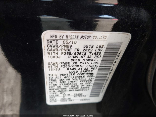 43879260 :رقم المزاد ، JN8AS1MW1AM856327 vin ، 2010 Infiniti Fx35 مزاد بيع