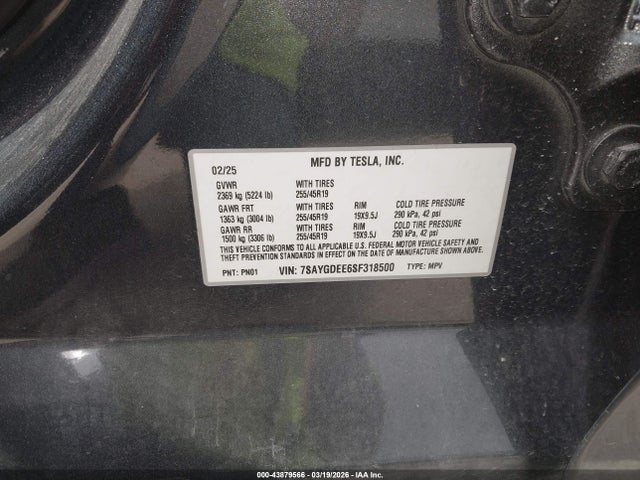 Продажа на аукционе авто 2025 Tesla Model Y Long Range Dual Motor All-wheel Drive, vin: 7SAYGDEE6SF318500, номер лота: 43879566