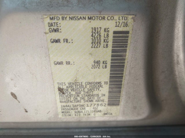 43879593 :رقم المزاد ، 1N4AL3AP3HC177862 vin ، 2017 Nissan Altima 2.5 Sv مزاد بيع