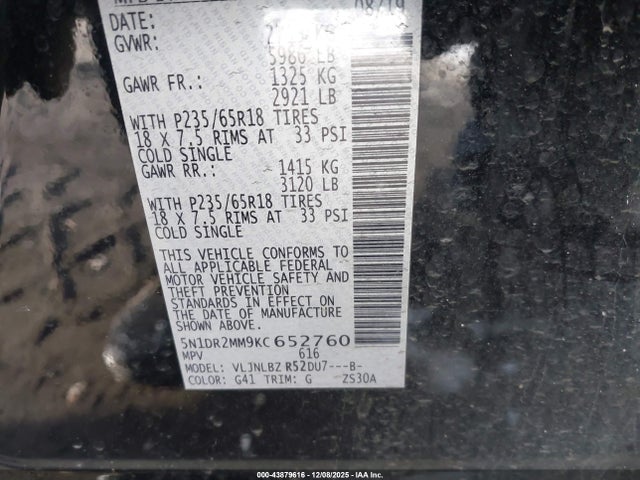 5N1DR2MM9KC652760 Nissan Pathfinder S