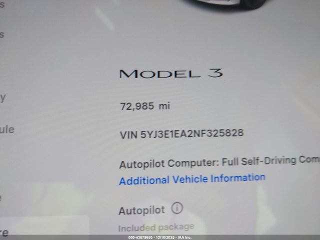 Aukcja sprzedaży 2022 Tesla Model 3 Rear-wheel Drive, vin: 5YJ3E1EA2NF325828, numer aukcji: 43879650