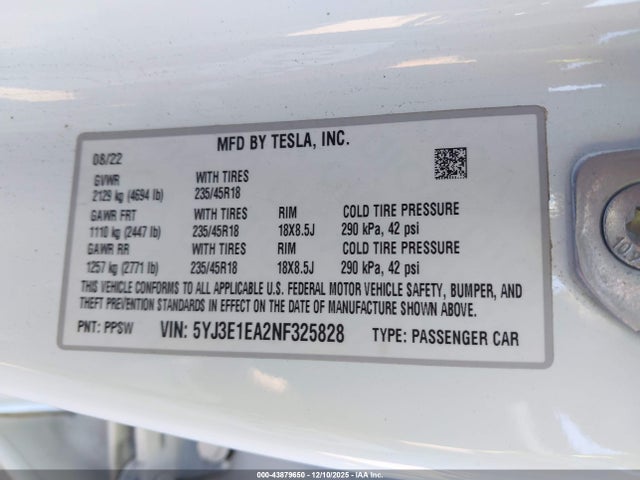 Aukcja sprzedaży 2022 Tesla Model 3 Rear-wheel Drive, vin: 5YJ3E1EA2NF325828, numer aukcji: 43879650