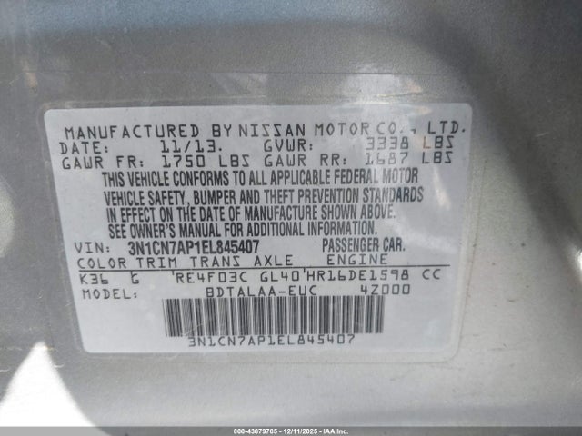 Nissan Versa 1.6 S 2014 3N1CN7AP1EL845407 Image 9