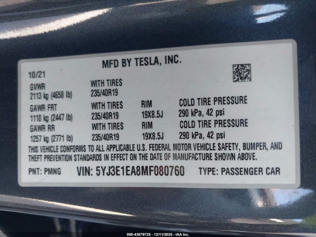 2021 TESLA MODEL 3 5YJ3E1EA8MF080760 Photo 8