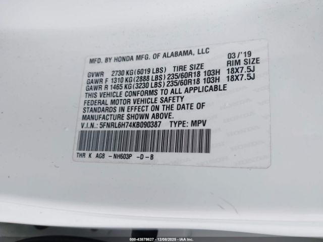 2019 HONDA ODYSSEY 5FNRL6H74KB090387 Photo 8