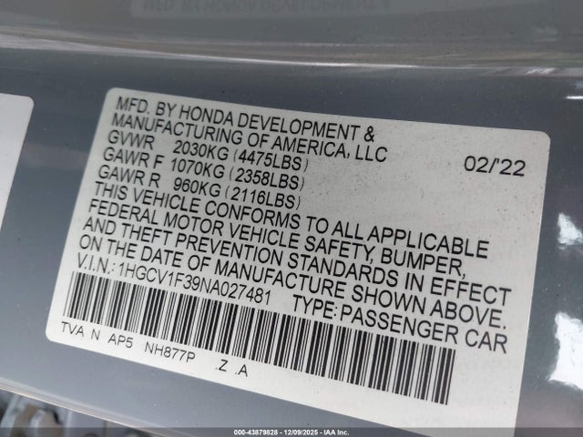 1HGCV1F39NA027481 Honda Accord Sport