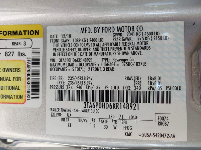 2019 FORD FUSION 3FA6P0HD6KR148921 Photo 8