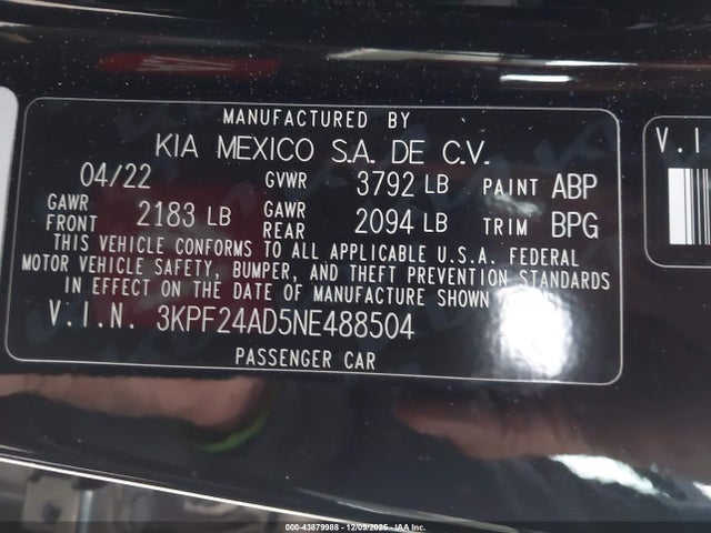 3KPF24AD5NE488504 KIA Forte Lxs