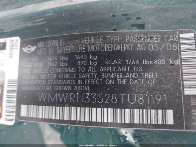 2008 MINI COOPER S WMWRH33528TU81191 Photo 8