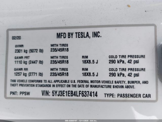 2020 TESLA MODEL 3 5YJ3E1EB4LF637414 Photo 8
