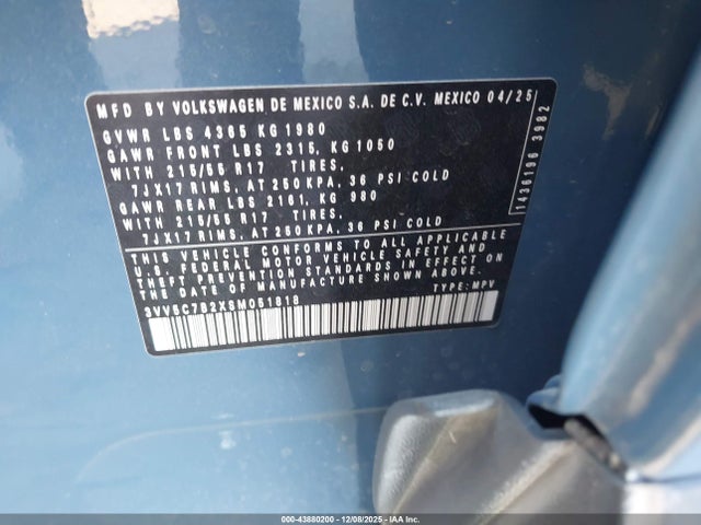 Aukcja sprzedaży 2025 Volkswagen Taos 1.5t S, vin: 3VV5C7B2XSM051818, numer aukcji: 43880200