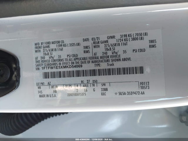 Aukcja sprzedaży 2021 Ford F-150 Lariat, vin: 1FTFW1E5XMKD54069, numer aukcji: 43880295