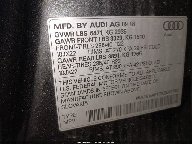 Aukcja sprzedaży 2019 Audi Q8 55 Premium, vin: WA1EVAF17KD007563, numer aukcji: 43880391