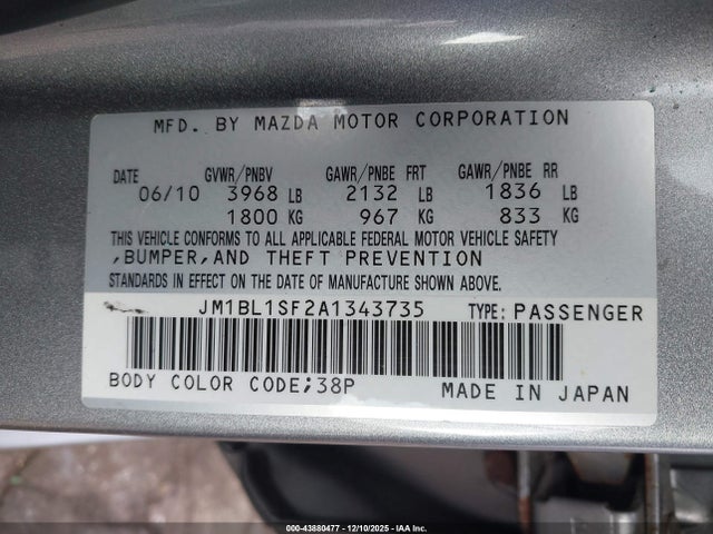 43880477 :رقم المزاد ، JM1BL1SF2A1343735 vin ، 2010 Mazda Mazda3 I Touring مزاد بيع