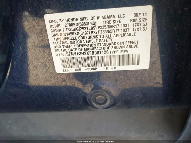 Honda PILOT LX 2015 5FNYF3H2XFB001126 Image 9