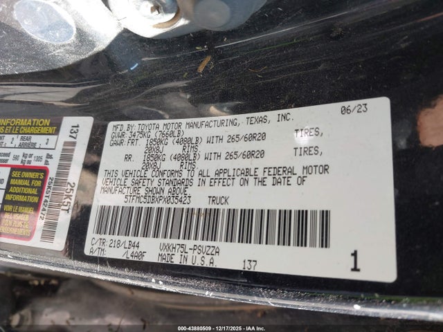 2023 Toyota Tundra Hybrid 1794 Edition მანქანა იყიდება აუქციონზე, vin: 5TFMC5DBXPX035423, აუქციონის ნომერი: 43880509
