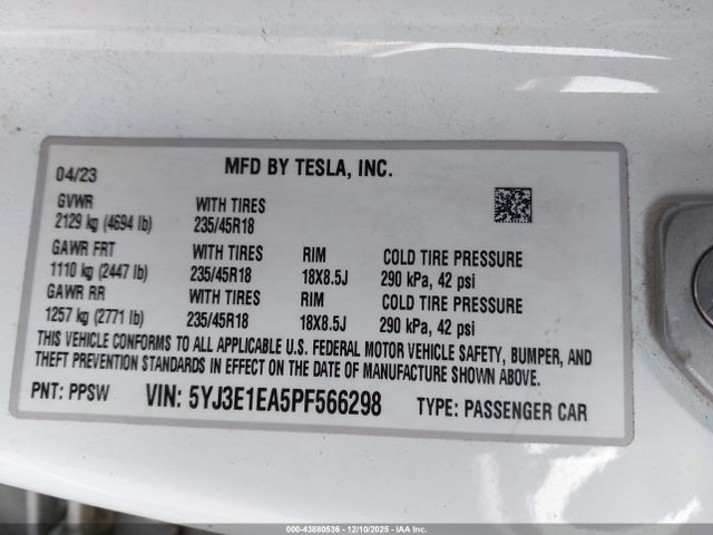 Aukcja sprzedaży 2023 Tesla Model 3 Rear-wheel Drive, vin: 5YJ3E1EA5PF566298, numer aukcji: 43880536