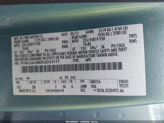43880543 :رقم المزاد ، 1FMCU0J96DUD33117 vin ، 2013 Ford Escape Titanium مزاد بيع