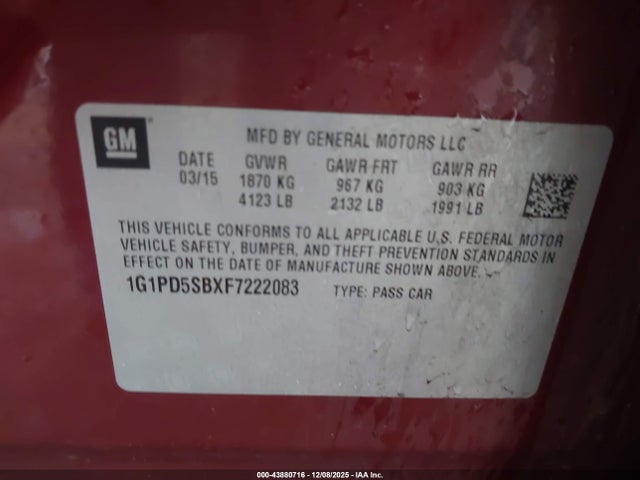 1G1PD5SBXF7222083 Chevrolet Cruze 1lt Manual