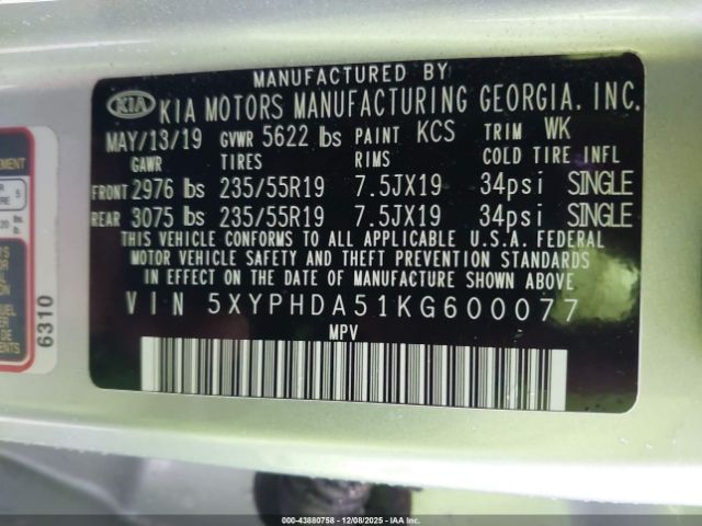 2019 KIA SORENTO 5XYPHDA51KG600077 Photo 8