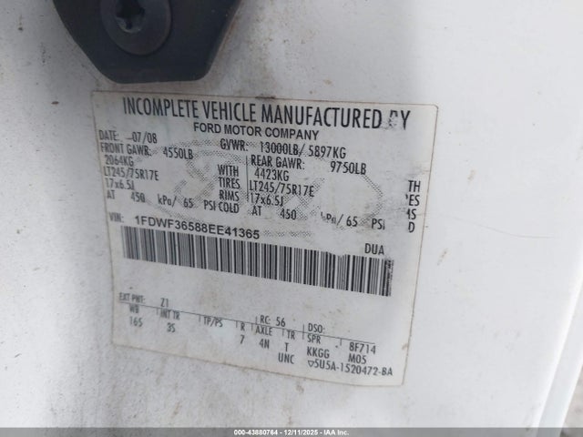 Продажа на аукционе авто 2008 Ford F-350 Chassis Xl/xlt, vin: 1FDWF36588EE41365, номер лота: 43880764