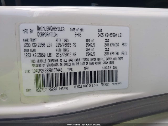 Продажа на аукционе авто 2003 Dodge Grand Caravan Se, vin: 1D4GP24333B157446, номер лота: 43880779