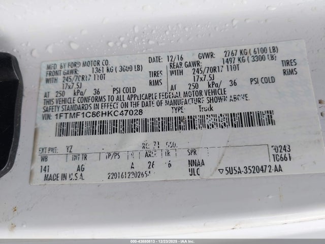 2017 Ford F-150 Xl მანქანა იყიდება აუქციონზე, vin: 1FTMF1C86HKC47028, აუქციონის ნომერი: 43880813