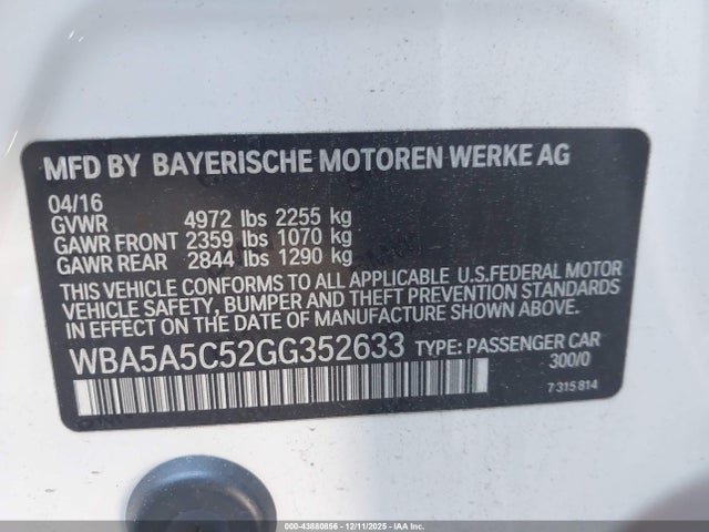 43880856 :رقم المزاد ، WBA5A5C52GG352633 vin ، 2016 Bmw 528i مزاد بيع